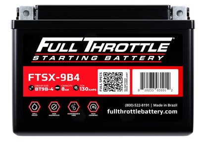 Full Throttle starting battery labeled FTSX-9B4, group size BT9B-4, 8Ah capacity, 130 CCA, made in Brazil.