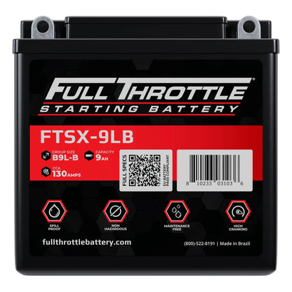 A Full Throttle car battery, model FTSX-9LB, with red and white labeling, displays specifications such as 9Ah capacity and 130 amps. It is spill-proof and maintenance-free.