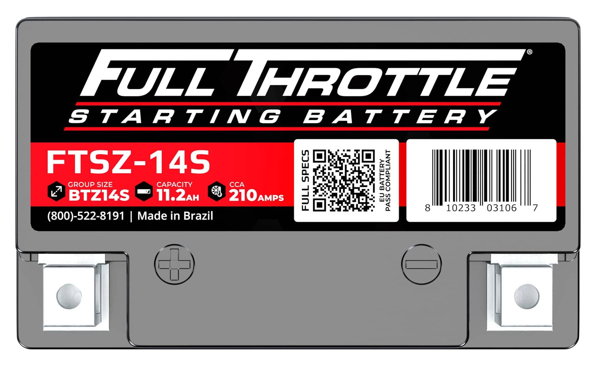 A Full Throttle FTSZ-14S starting battery, gray with a black and red label, displaying specs like 11.2 Ah capacity and 210 CCA. Made in Brazil with a QR code and barcode.