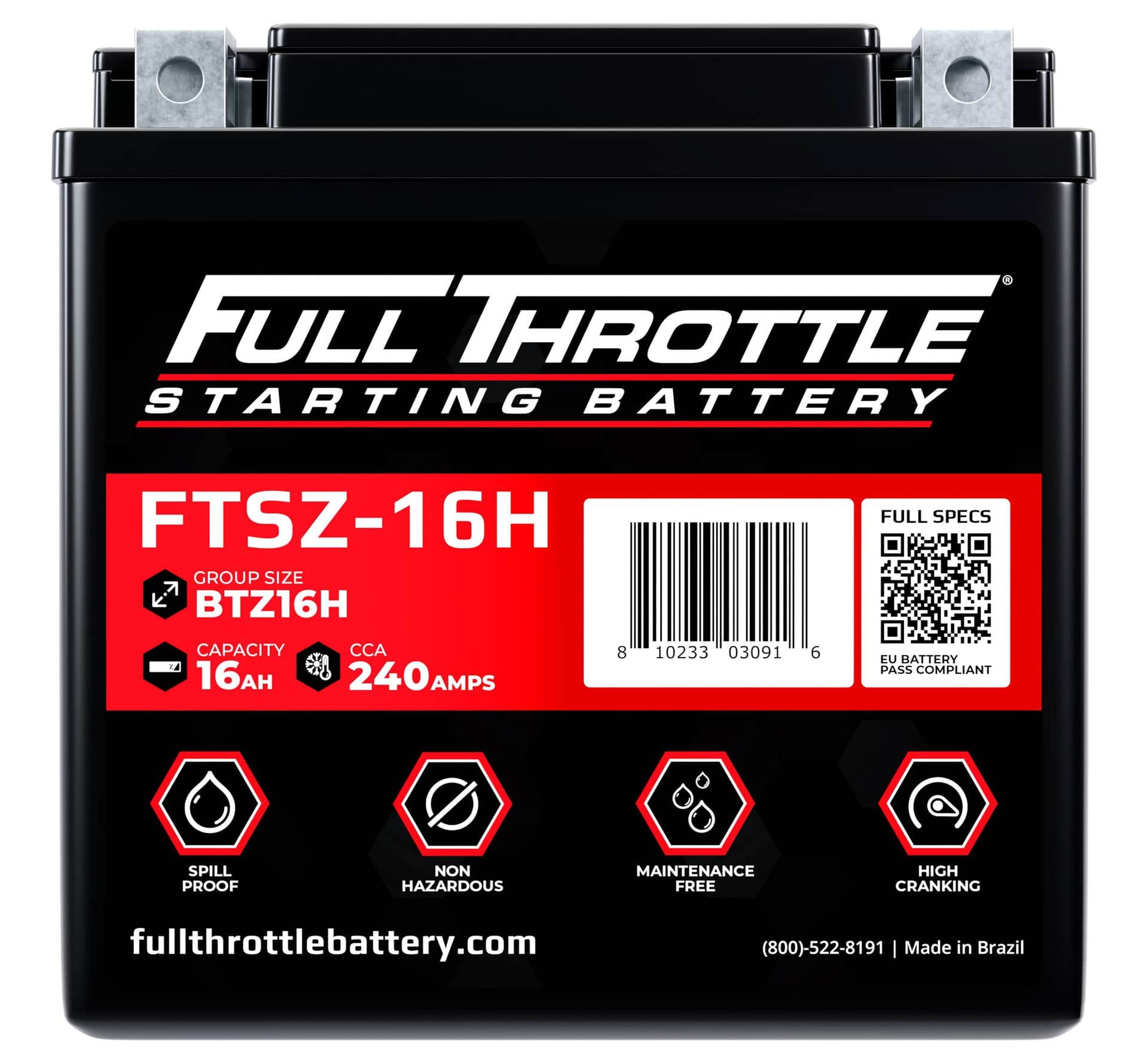 Image of a Full Throttle starting battery, model FTSZ-16H. Capacity: 16Ah, CCA: 240 Amps. Features include spill-proof, non-hazardous, maintenance-free, and high cranking. Made in Brazil.