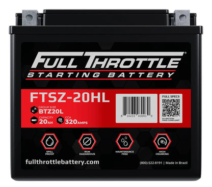 Full Throttle starting battery, model FTSZ-20HL, with 20Ah capacity and 320CCA. Features spill-proof, non-hazardous, maintenance-free, high-cranking design. Made in Brazil.