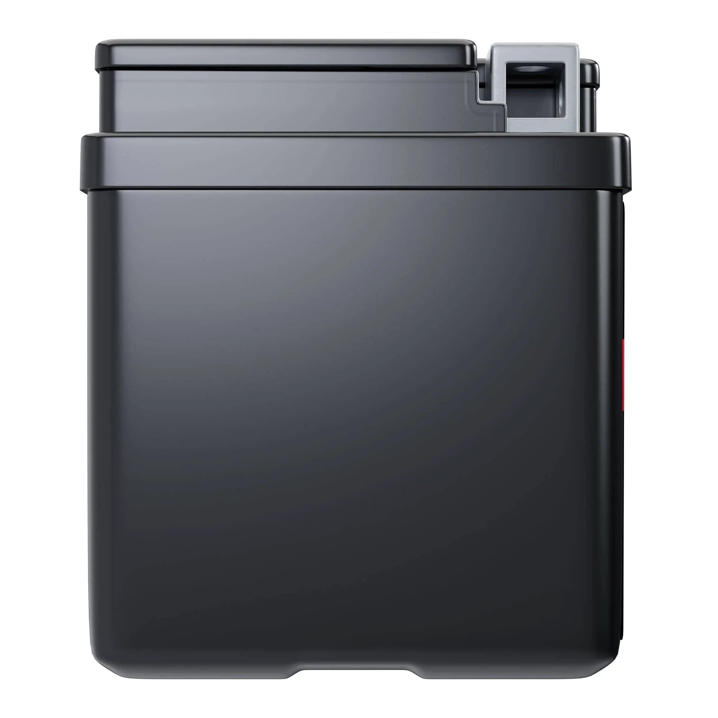 A rectangular black container with a secure lid, featuring a small latch on the top right corner.