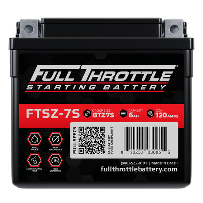 Full Throttle FTSZ-7S starting battery, Group Size BTZ7S, Capacity 6Ah, CCA 120 Amps, maintenance-free, non-spillable, high cranking. Made in Brazil.