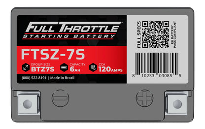 Label of a Full Throttle starting battery, model FTSZ-7S, group size BTZ7S, capacity 6Ah, CCA 120Amps, made in Brazil, with a barcode and contact phone number visible.