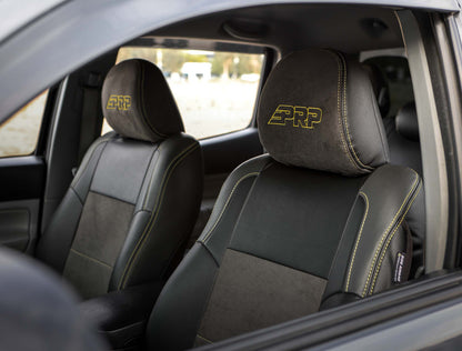 Front Seat Covers for '12-'15 Toyota Tacoma; Fold Flat Edition (Pair) - Black with Red Stitching