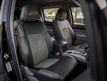 Front Seat Covers for '12-'15 Toyota Tacoma; Fold Flat Edition (Pair) - Black with Red Stitching