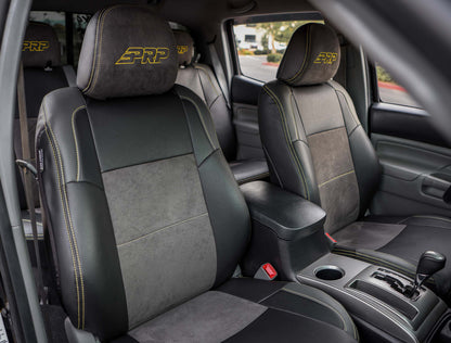 Front Seat Covers for '12-'15 Toyota Tacoma; Fold Flat Edition (Pair) - Black with Red Stitching
