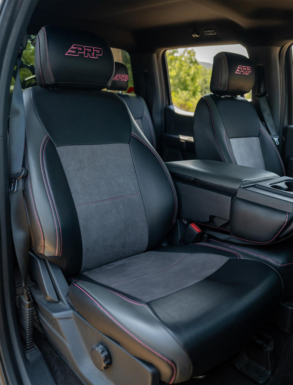 Front Seat Covers for 2021+ Ford F150, 2023+ Super Duty with Standard Seats, Black with Red Stitch