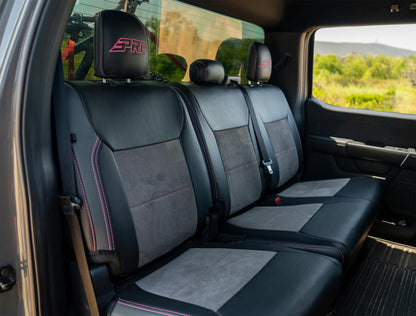 Rear Bench Seat Covers for 2021+ Ford F150, 2023+ Super Duty, Black with Red Stitch