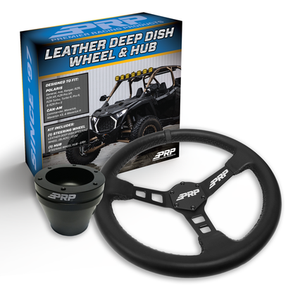 PRP Deep Dish Leather Steering Wheel Kit, Black with UTV Hub for Polaris RZR, Can Am X3, Arctic Cat Wildcat, EZ-GO, GEM, John Deere Gator