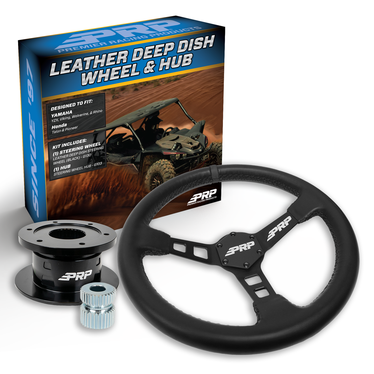 PRP Deep Dish Leather Steering Wheel Kit, Black with Quick Release Hub for Yamaha YXZ, Viking, Wolverine, Rhino