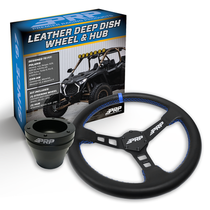 PRP Deep Dish Leather Steering Wheel Kit, Black with UTV Hub for Polaris RZR, Can Am X3, Arctic Cat Wildcat, EZ-GO, GEM, John Deere Gator