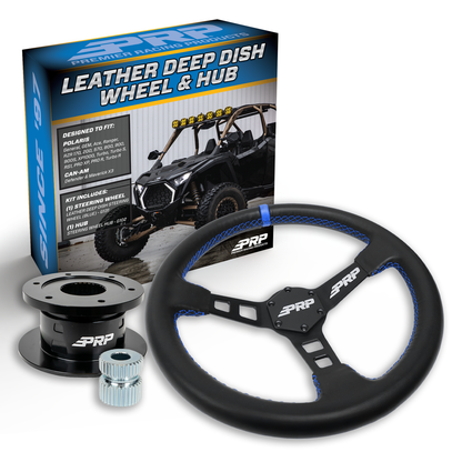 PRP Deep Dish Leather Steering Wheel Kit, Black with Quick Release Hub for Polaris RZR, Can Am X3, Arctic Cat Wildcat, EZ-GO, GEM, John Deere Gator