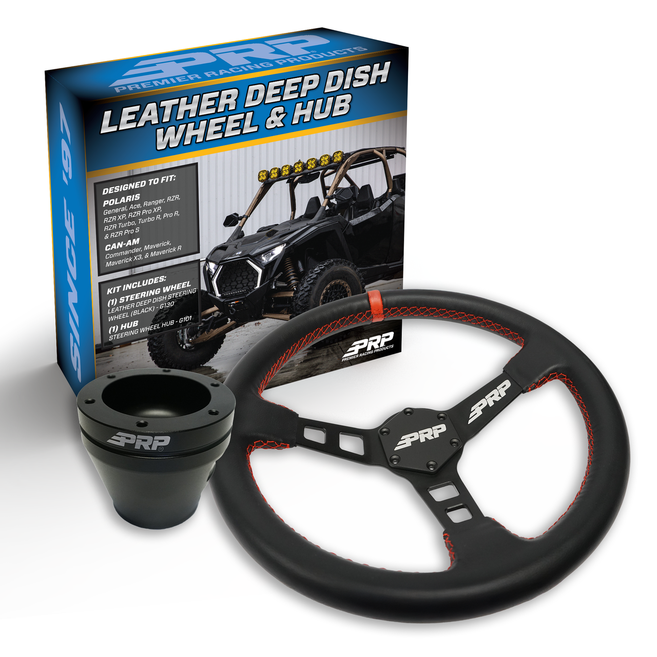 PRP Deep Dish Leather Steering Wheel Kit, Red with UTV Hub for Polaris RZR, Can Am X3, Wildcat, EZ-GO, GEM, John Deere Gator
