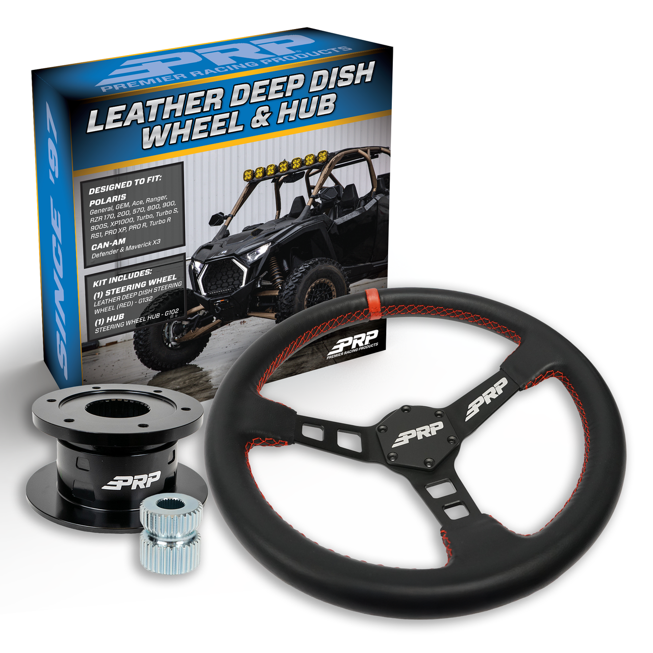 PRP Deep Dish Leather Steering Wheel Kit, Black with Quick Release Hub for Polaris RZR, Can Am X3, Arctic Cat Wildcat, EZ-GO, GEM, John Deere Gator