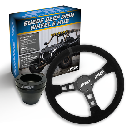 PRP Deep Dish Suede Steering Wheel Kit, Black with UTV Hub for Polaris RZR, Can Am X3, Arctic Cat Wildcat, EZ-GO, GEM, John Deere Gator