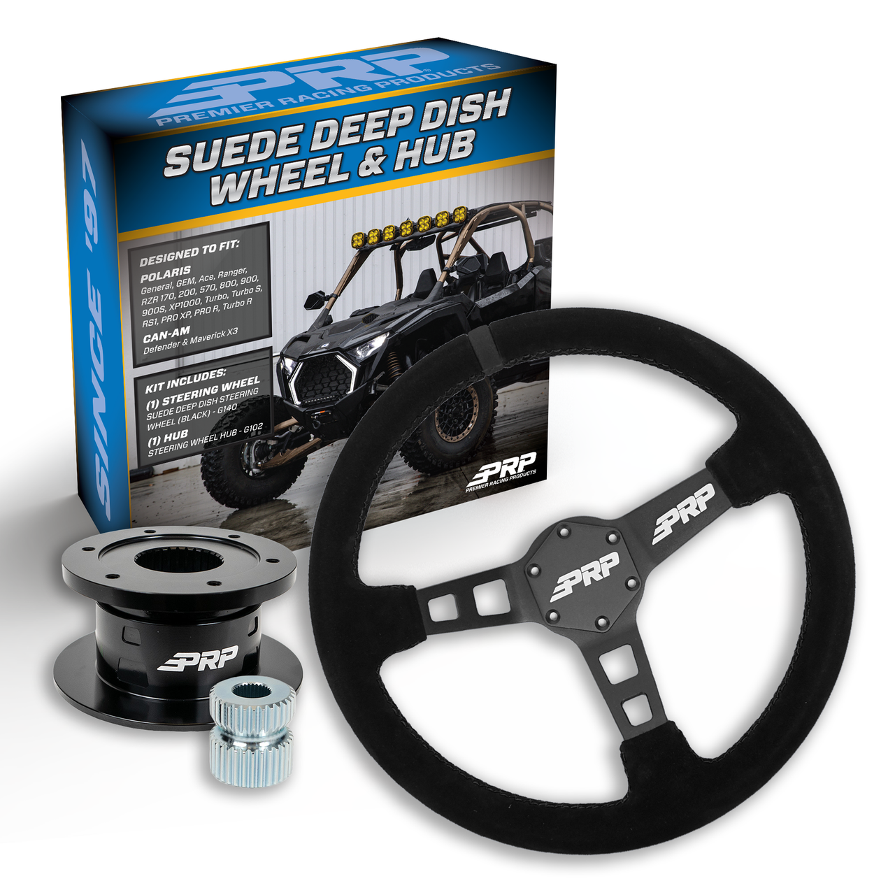 PRP Deep Dish Suede Steering Wheel Kit, Black with Quick Release Hub for Polaris RZR, Can Am X3, Arctic Cat Wildcat, EZ-GO, GEM, John Deere Gator
