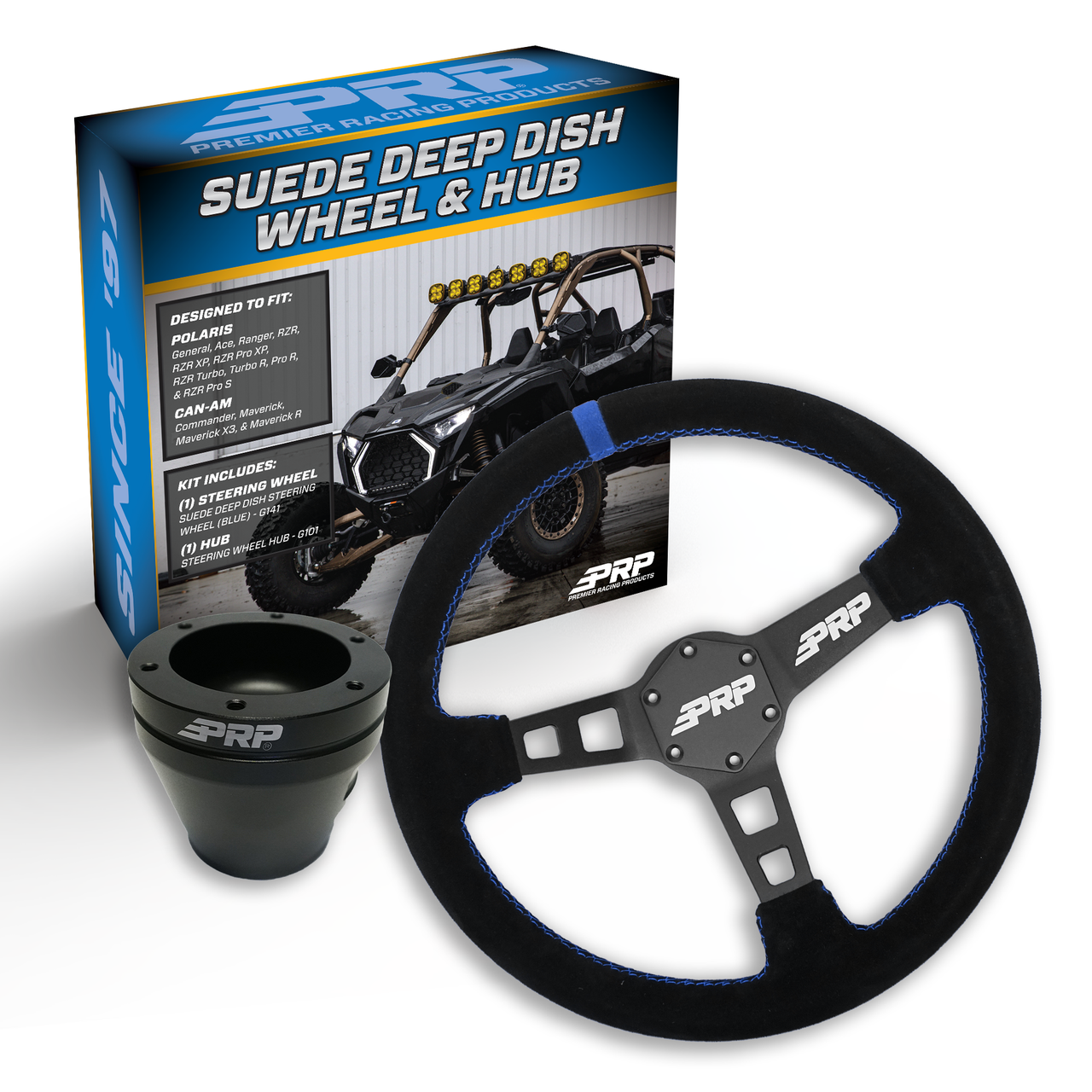 PRP Deep Dish Suede Steering Wheel Kit, Black with UTV Hub for Polaris RZR, Can Am X3, Arctic Cat Wildcat, EZ-GO, GEM, John Deere Gator