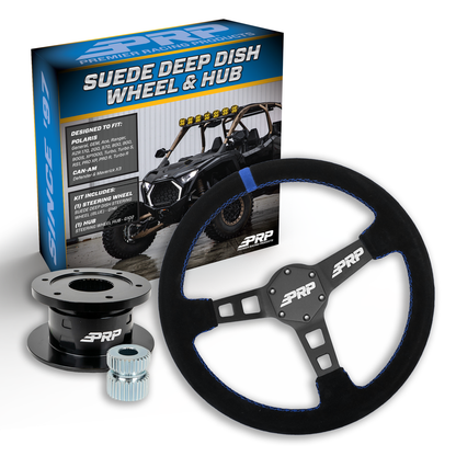 PRP Deep Dish Suede Steering Wheel Kit, Black with Quick Release Hub for Polaris RZR, Can Am X3, Arctic Cat Wildcat, EZ-GO, GEM, John Deere Gator