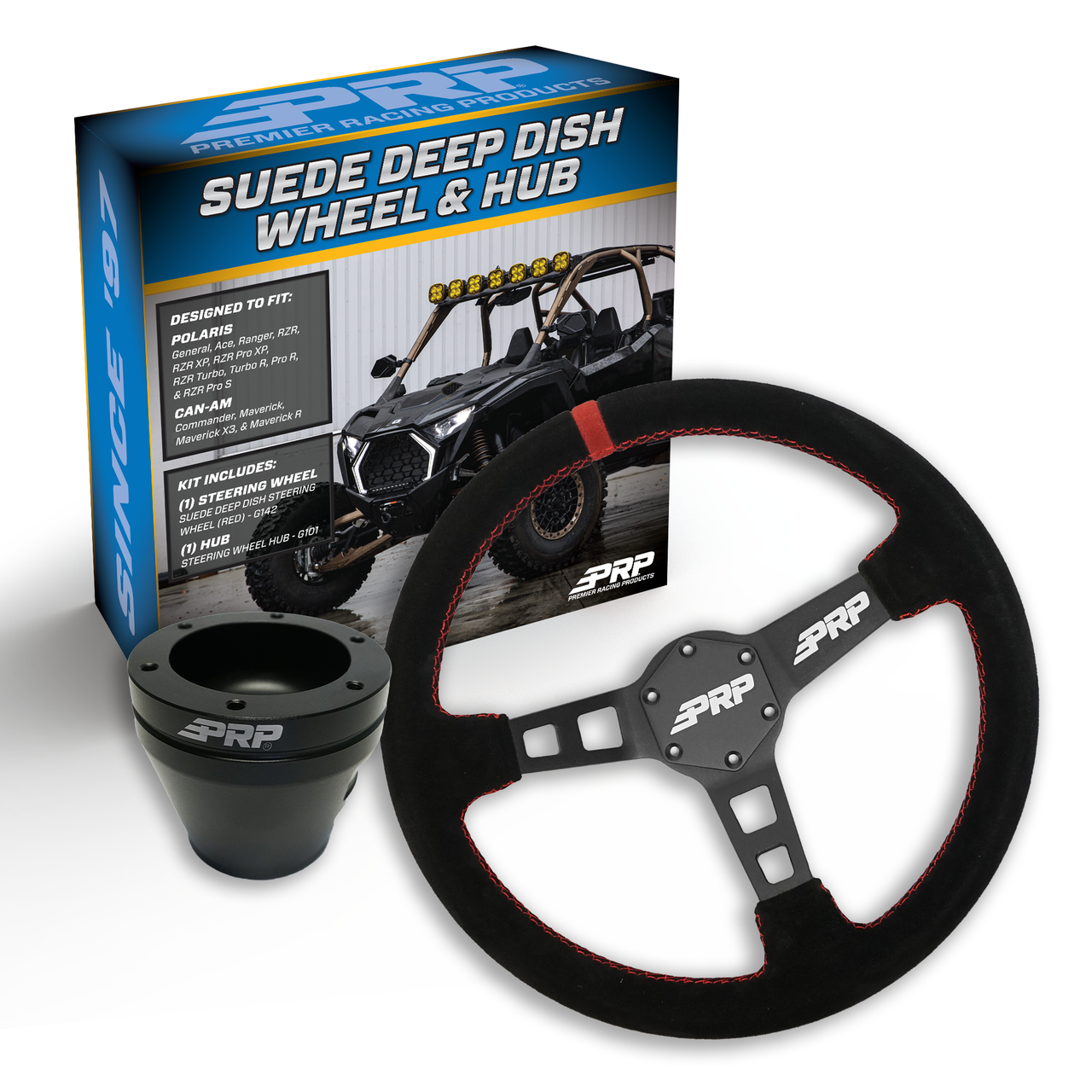 PRP Deep Dish Suede Steering Wheel Kit, Black with UTV Hub for Polaris RZR, Can Am X3, Arctic Cat Wildcat, EZ-GO, GEM, John Deere Gator