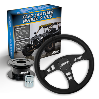 PRP Flat Leather Steering Wheel Kit, Black with Quick Release Hub for Polaris RZR, Can Am X3, Arctic Cat Wildcat, EZ-GO, GEM, John Deere Gator