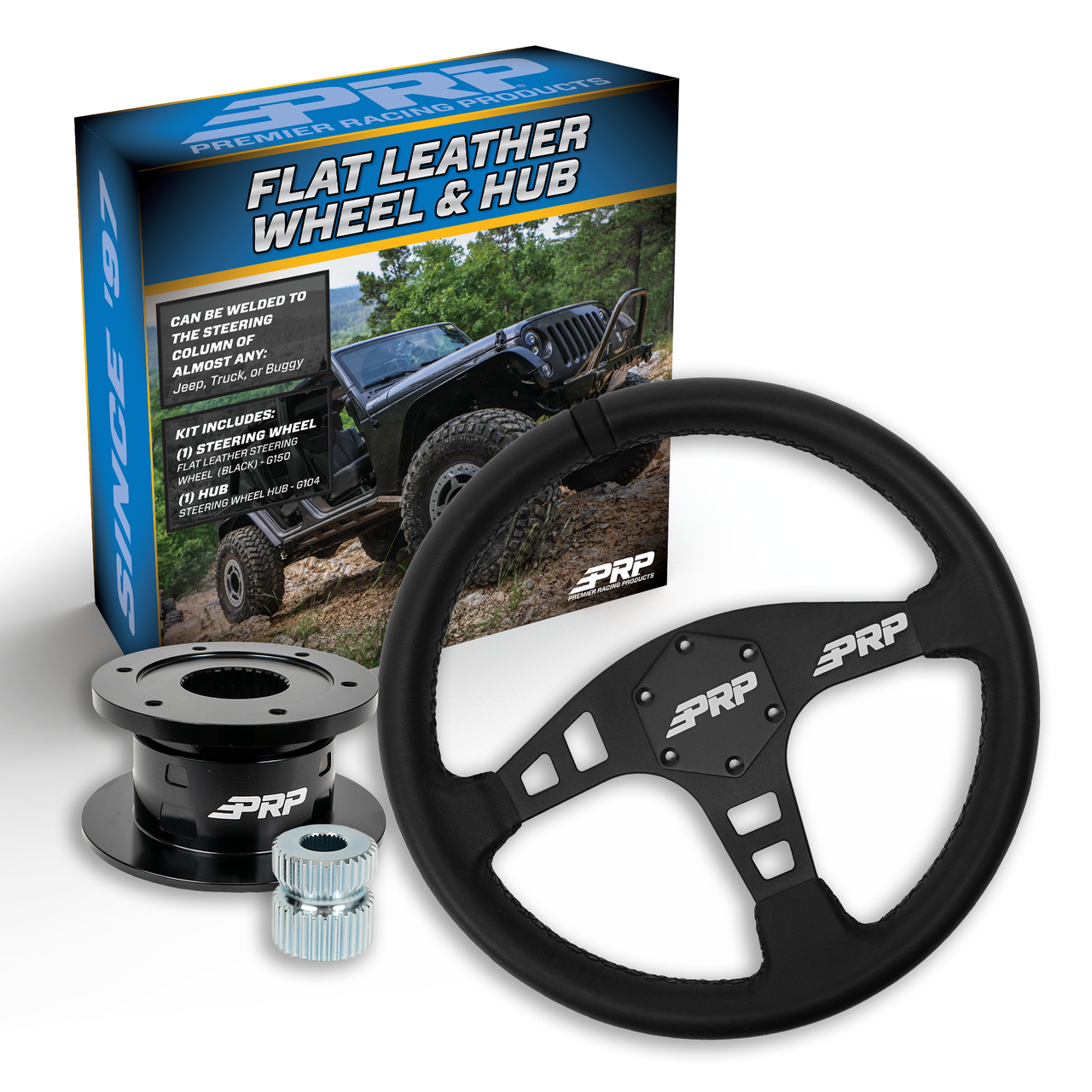 PRP Flat Leather Steering Wheel Kit, Black with Quick Release Hub - Universal Weld on Adaptor