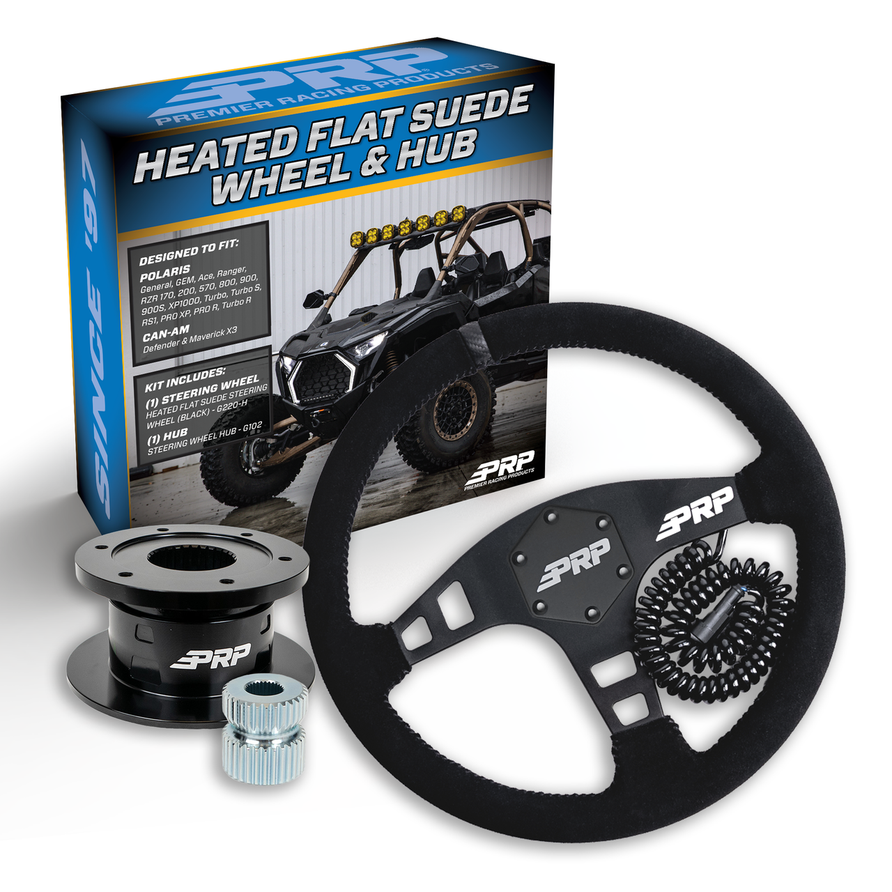 PRP Heated Flat Suede Steering Wheel Kit, Black with Quick Release Hub for Polaris RZR, Can Am X3, Arctic Cat Wildcat, EZ-GO, GEM, John Deere Gator