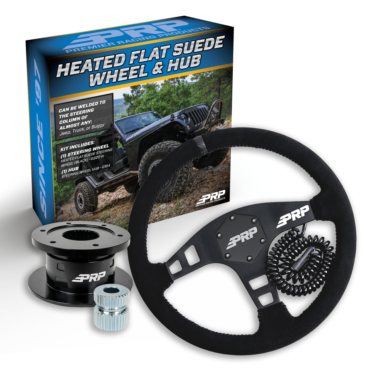 PRP Heated Flat Suede Steering Wheel Kit, Black with Quick Release Hub - Universal Weld on Adaptor