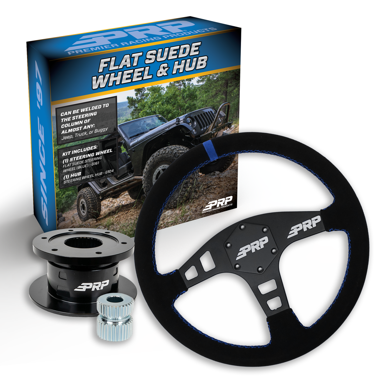 PRP Flat Suede Steering Wheel Kit, Black with Quick Release Hub - Universal Weld on Adaptor