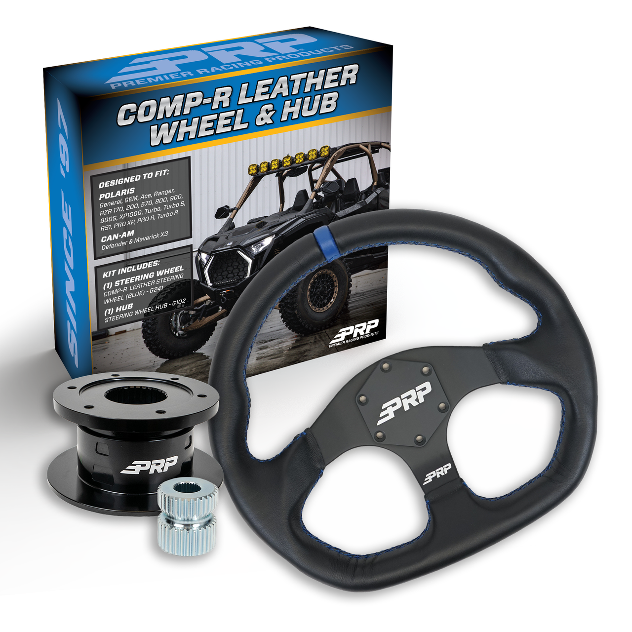 PRP Leather D-Shape Steering Wheel Kit, Black with Quick Release Hub for Polaris RZR, Can Am X3, Arctic Cat Wildcat, EZ-GO, GEM, John Deere Gator