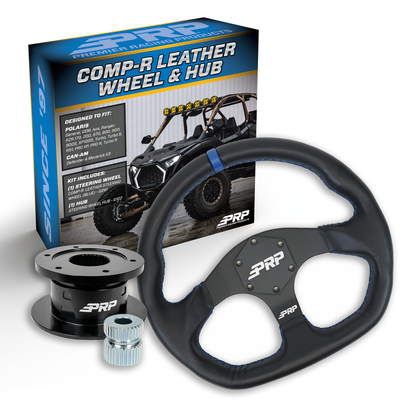 PRP Leather D-Shape Steering Wheel Kit, Black with Quick Release Hub for Polaris RZR, Can Am X3, Arctic Cat Wildcat, EZ-GO, GEM, John Deere Gator
