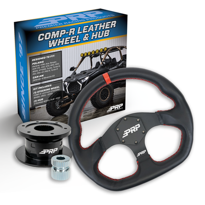 PRP Leather D-Shape Steering Wheel Kit, Black with Quick Release Hub for Polaris RZR, Can Am X3, Arctic Cat Wildcat, EZ-GO, GEM, John Deere Gator