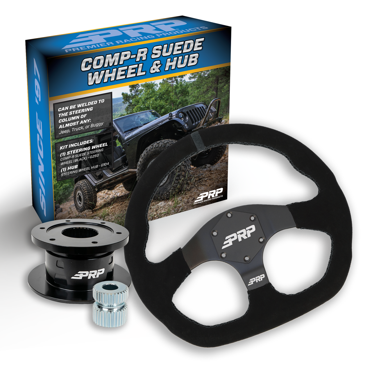 PRP Suede D-Shape Steering Wheel Kit, Black with Quick Release Hub - Universal Weld on Adaptor