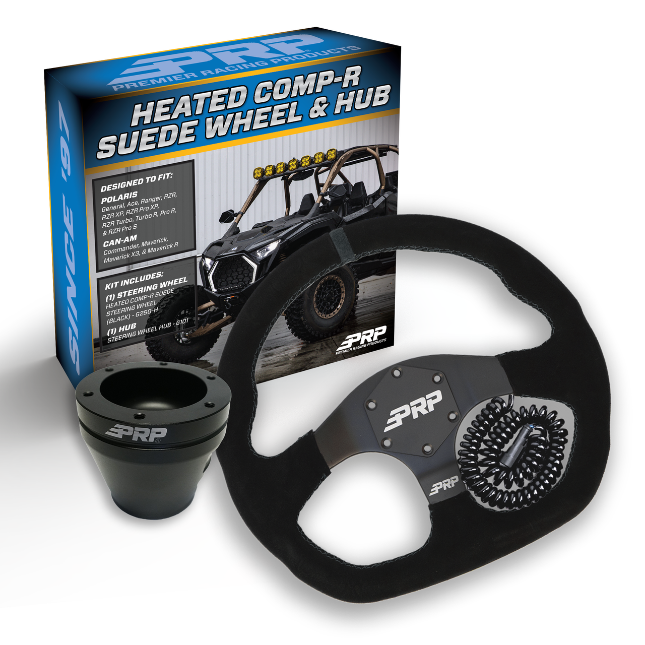 PRP Heated Suede D-Shape Steering Wheel Kit, Black with UTV Hub for Polaris RZR, Can Am X3, Arctic Cat Wildcat, EZ-GO, GEM, John Deere Gator