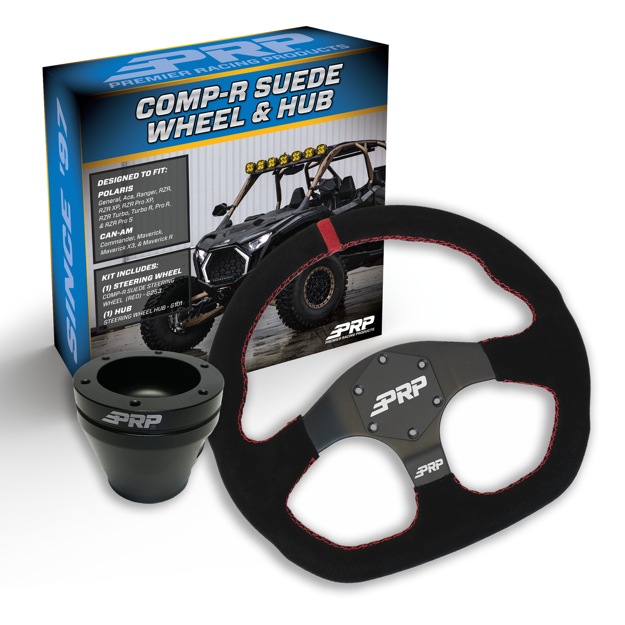 PRP Suede D-Shape Steering Wheel Kit, Black with UTV Hub for Polaris RZR, Can Am X3, Arctic Cat Wildcat, EZ-GO, GEM, John Deere Gator