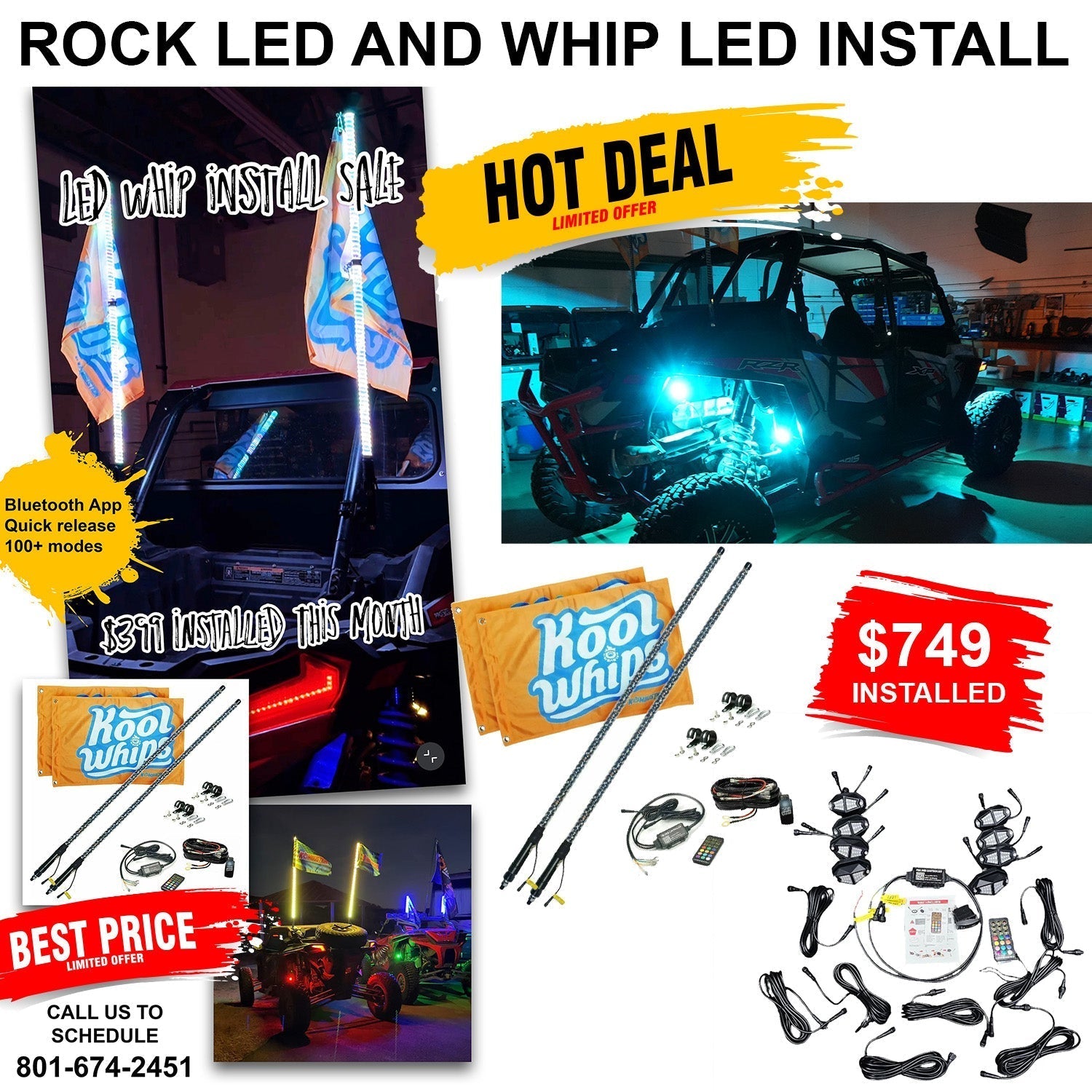 Install UTV 8-Pod Rock Light & 4FT LED Kool Whips