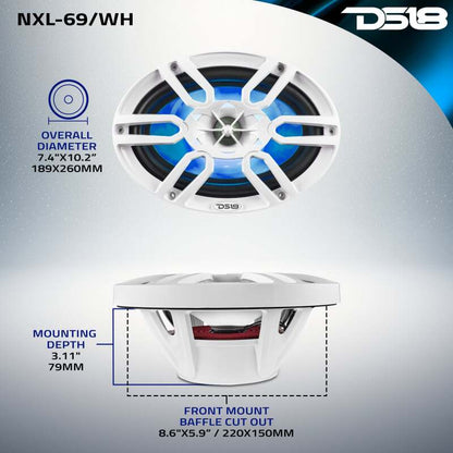 DS18 NXL Series Coaxial Marine Speaker w/ RGB Lights 6x9in 2-Way 125 Watts RMS 4 ohm White