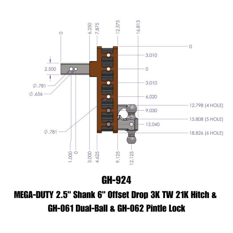 Gen-Y Mega Duty 2.5in Shank 6in Offset Drop 21K Hitch w/GH-061 Dual-Ball/GH-062 Pintle Lock