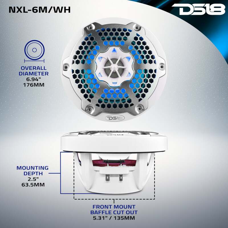 DS18 NXL-M Series Speaker w/ RGB LED Lights 6.5in 2-Way 100 Watts RMS 4 ohm White w/ Cover