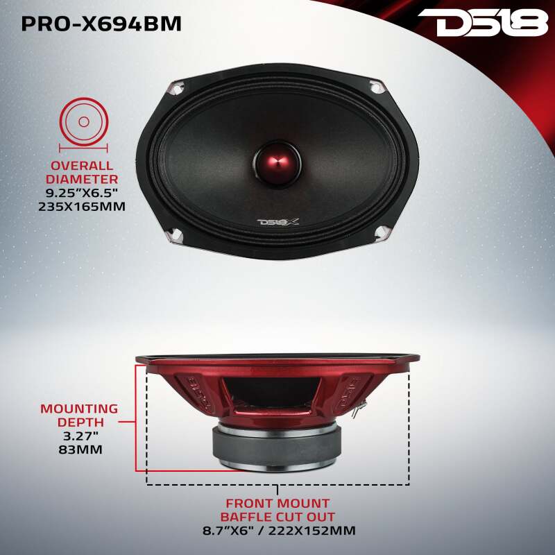 DS18 6x9in 275 Watts RMS 4 ohm Mid-Range Loudspeaker Bullet Loudspeaker Grill Included