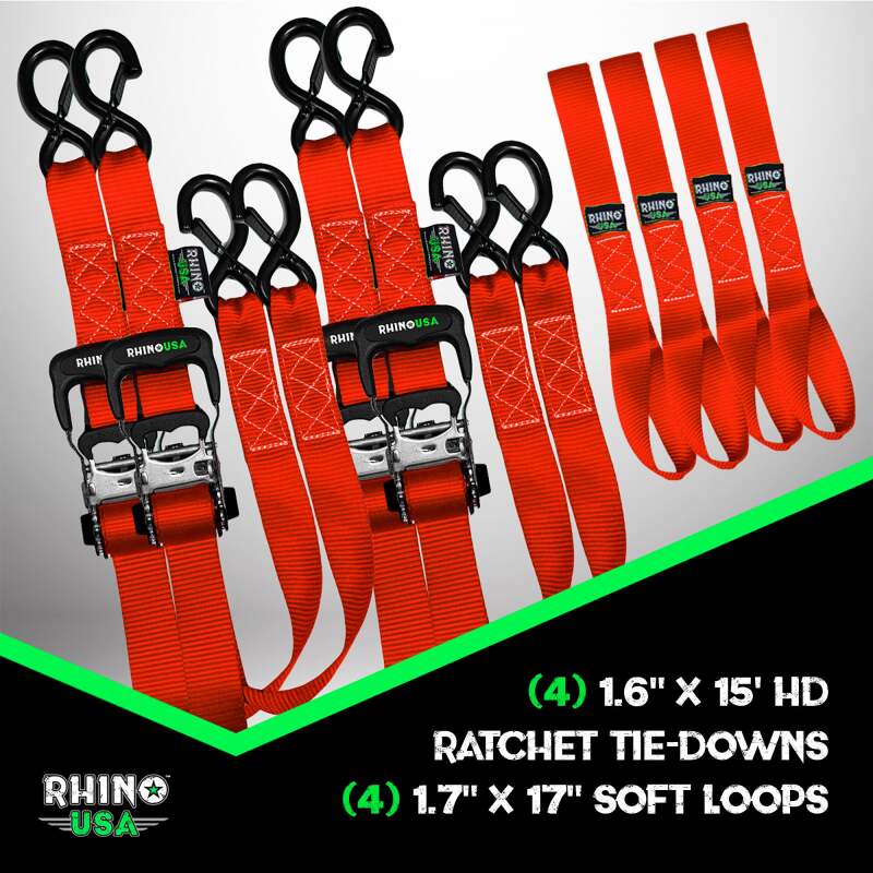 Rhino USA Heavy Duty Ratchet Tie-Down 4-Pack Red 1.6In X 15Ft