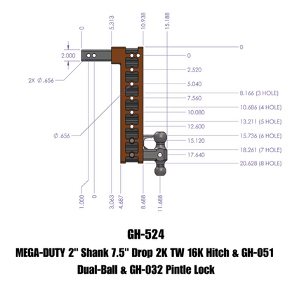 Gen-Y Mega Duty 2in Shank 7.5in Drop 2K TW 16K Hitch w/GH-051 Dual-Ball/GH-032 Pintle Lock