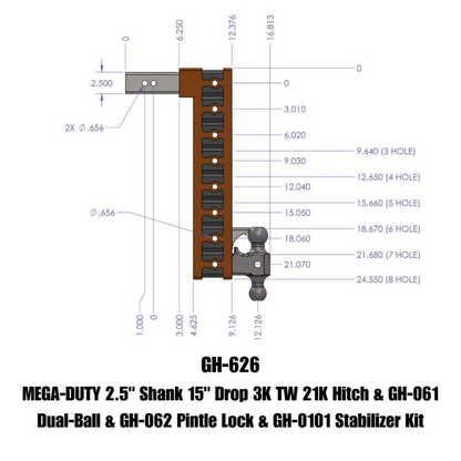 Gen-Y Mega Duty 2.5in Shank 15in Drop 21K Hitch w/Dual-Ball/Pintle Lock/Stabilizer Kit