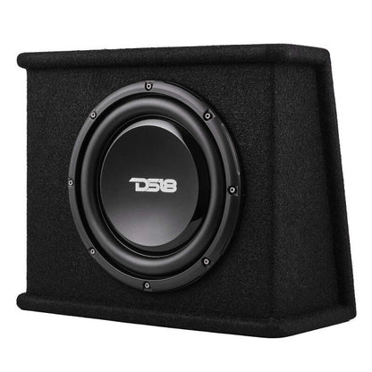 DS18 Single 10in Shallow Subwoofer and Enclosure 350 Watts RMS Amplified Sealed Black Carpet