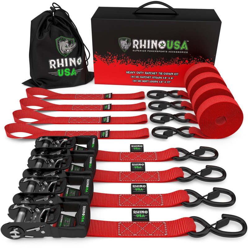 Rhino USA Heavy Duty Ratchet Tie-Down 4-Pack Red 1.6In X 15Ft