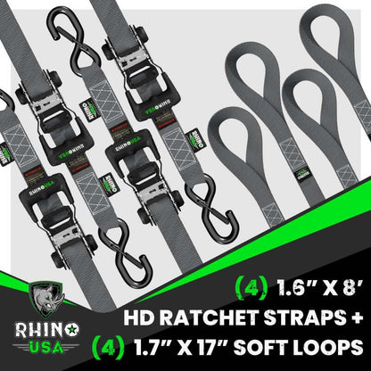 Rhino USA Heavy Duty Ratchet Tie-Down 4-Pack (Gray) 1.6In X 8Ft