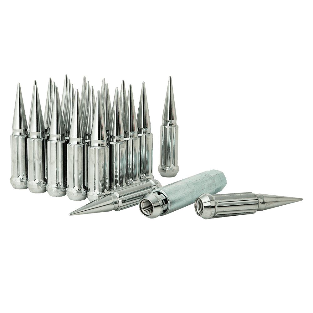 Small Diameter Spline Spike Lug Nuts - 13/16" & 7/8" Dual Hex Key - 14mm x 1.50 Thread Size - Chrome Finish - Set of 24