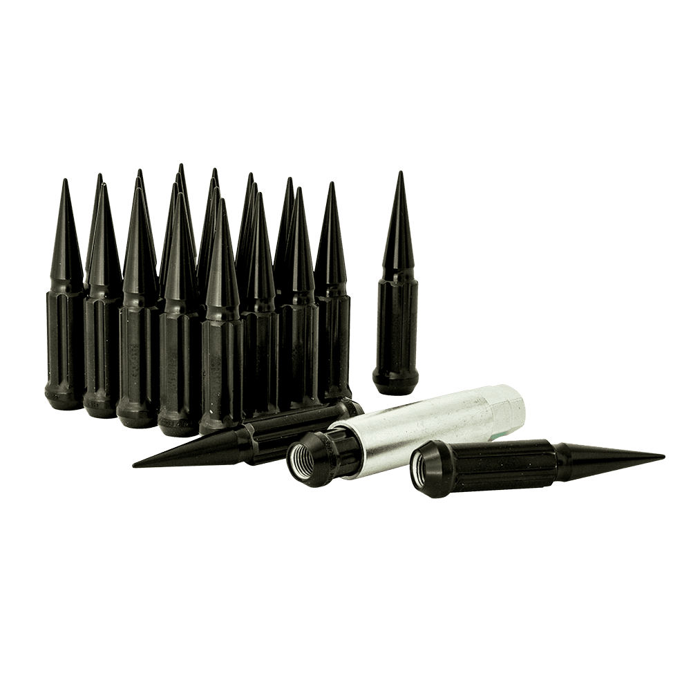 Small Diameter Spline Spike Lug Nuts - 13/16" & 7/8" Dual Hex Key - 14mm x 1.50 Thread Size - Black Finish - Set of 24