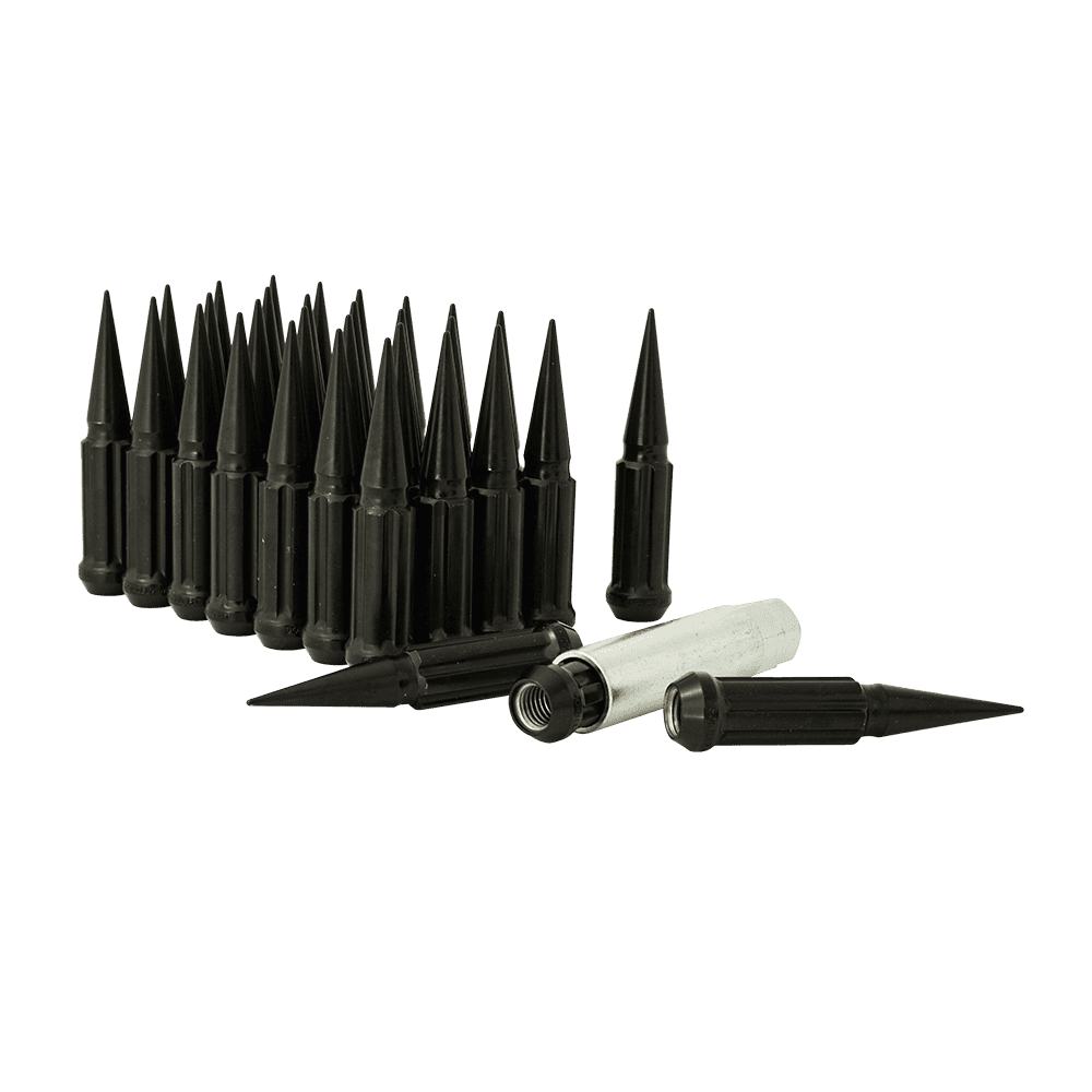 Small Diameter Spline Spike Lug Nuts - 13/16" & 7/8" Dual Hex Key - 14mm x 2.00 Thread Size - Black Finish - Set of 24