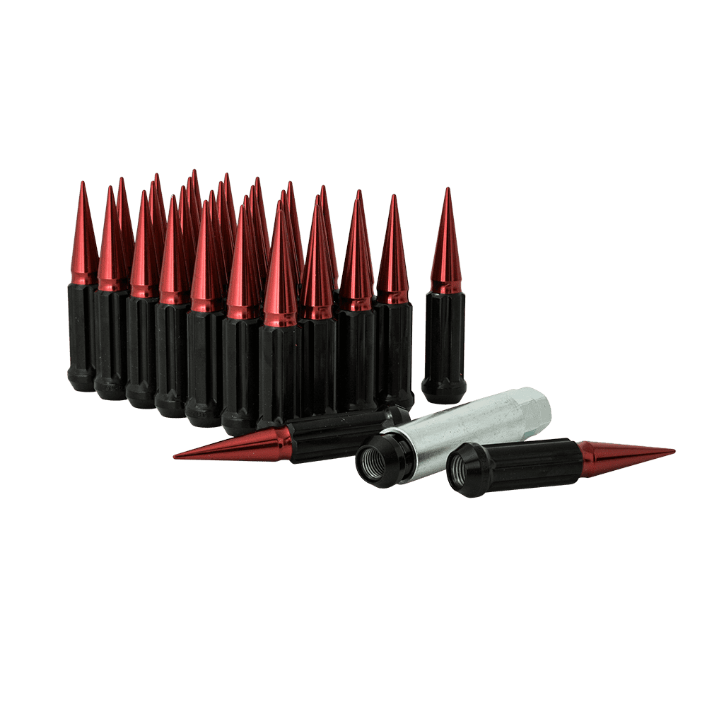 Small Diameter Spline Spike Lug Nuts - 13/16" & 7/8" Dual Hex Key - 14mm x 1.50 Thread Size - Red Finish - Set of 32